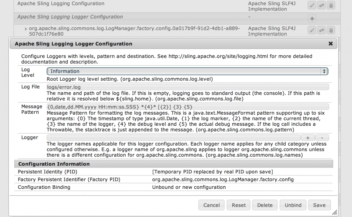 The Sling Logger Service Configuration Factory