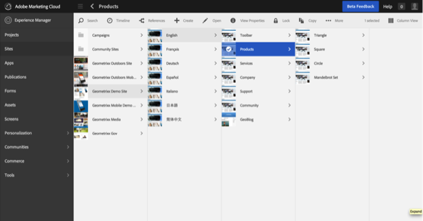 AEM 6.1: The Sites console in Column view. Finally, Touch UI users can navigate their page hierarchy. 